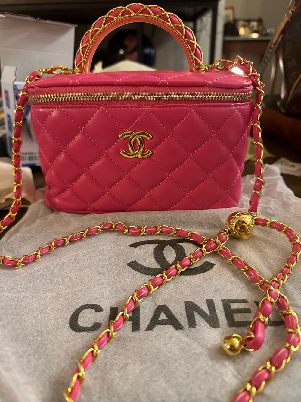 Hot Pink Quilted Vanity Crossbody with Gold Chain